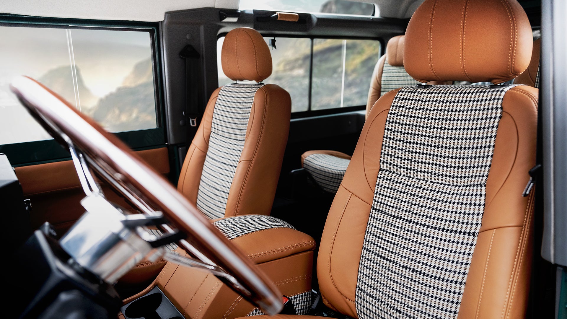 Bespoke tan and houndstooth Defender cabin